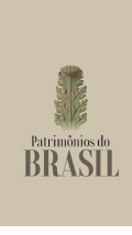 Logo do livro Patrimônios do Brasil em um fundo marrom.